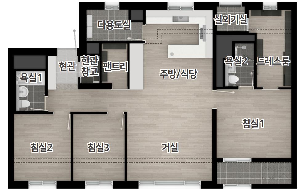 84A 확장 기본형 평면도. 침실 3개, 욕실 2개, 거실, 주방, 팬트리, 현관창고, 드레스룸