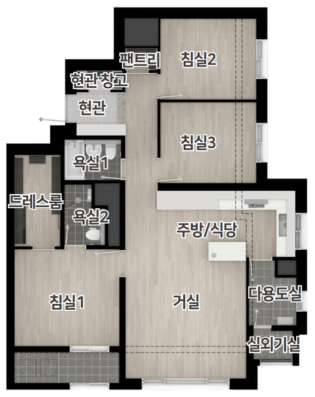 84B 확장 기본형 평면도. 침실 3개, 욕실 2개, 거실, 주방, 복도 팬트리, 현관창고, 드레스룸